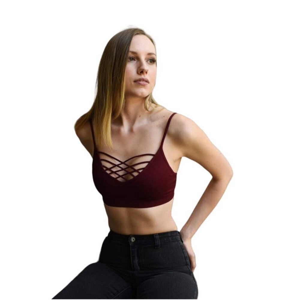 Strappy Front Bralette Womens XS/S Burgundy Moisture Wicking Athletic Camisole